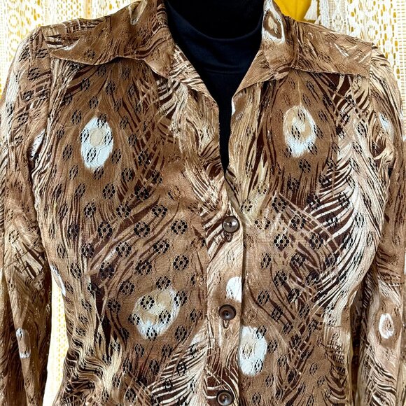 Vintage 70s Dart Collar Sheer Beige Peacock Feather Long Sleeve Blouse Size S - Picture 6 of 11